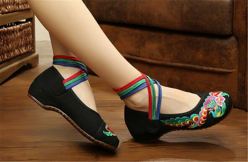 Chinese Embroidered Floral Shoes Women Ballerina Mary Jane Flat Ballet Cotton Loafer Black - Mega Save Wholesale & Retail - 3