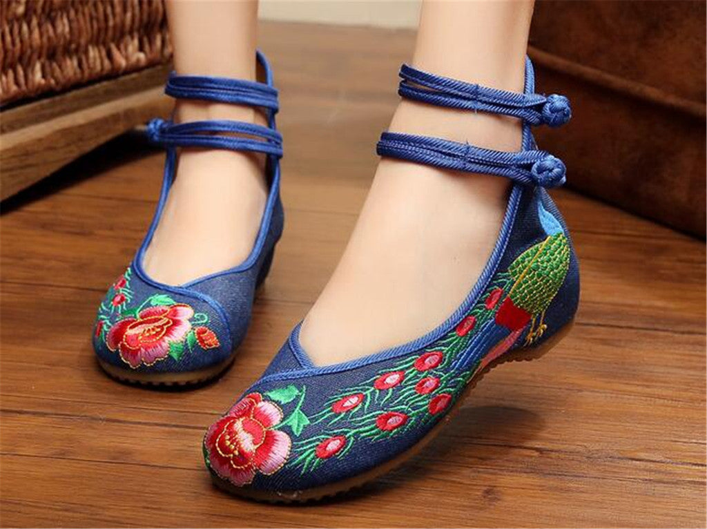 Chinese Embroidered Shoes Women Ballerina  Cotton Elevator shoes Double Pankou Blue - Mega Save Wholesale & Retail - 2
