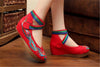 Traditional Embroidered Cotton Elevator Chinese Red Shoes in Colorful Ankle Straps & Bird Design - Mega Save Wholesale & Retail - 4