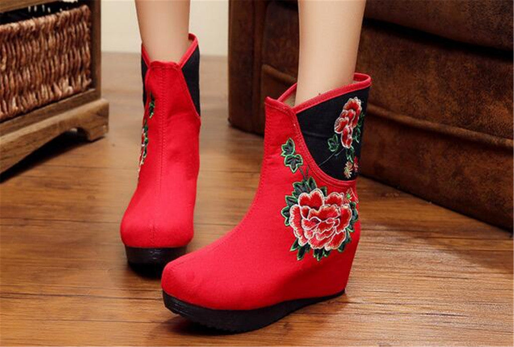 Chinese Embroidered Shoes women's singles boots national wind Elevator shoes Tall Boots Red - Mega Save Wholesale & Retail - 2