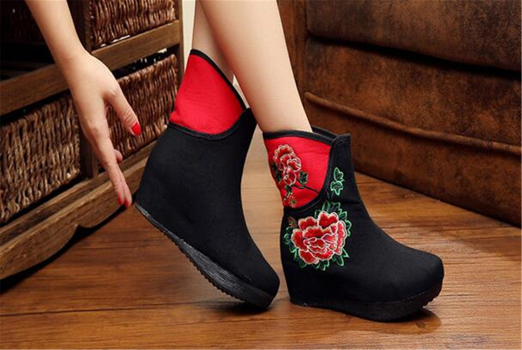 Chinese Embroidered Shoes women's singles boots national wind Elevator shoes Tall Boots Black - Mega Save Wholesale & Retail - 3