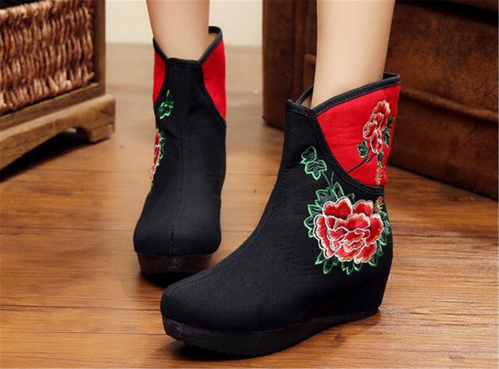 Chinese Embroidered Shoes women's singles boots national wind Elevator shoes Tall Boots Black - Mega Save Wholesale & Retail - 4