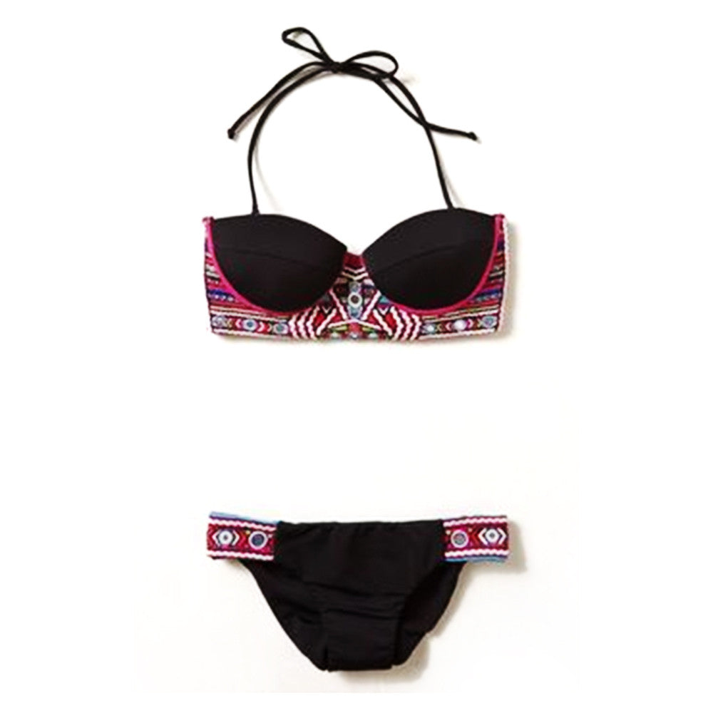 Bohemian Style Swimwear Swimsuit Bikini Women Microgroove  black  S - Mega Save Wholesale & Retail