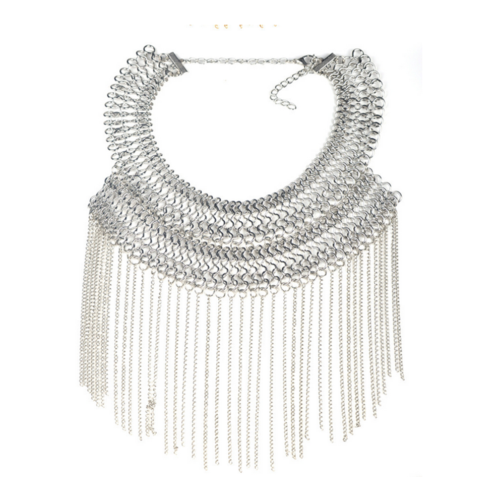 European Exaggerated Ornament Necklace Vintage Tassel Clavicle Necklace   silver - Mega Save Wholesale & Retail