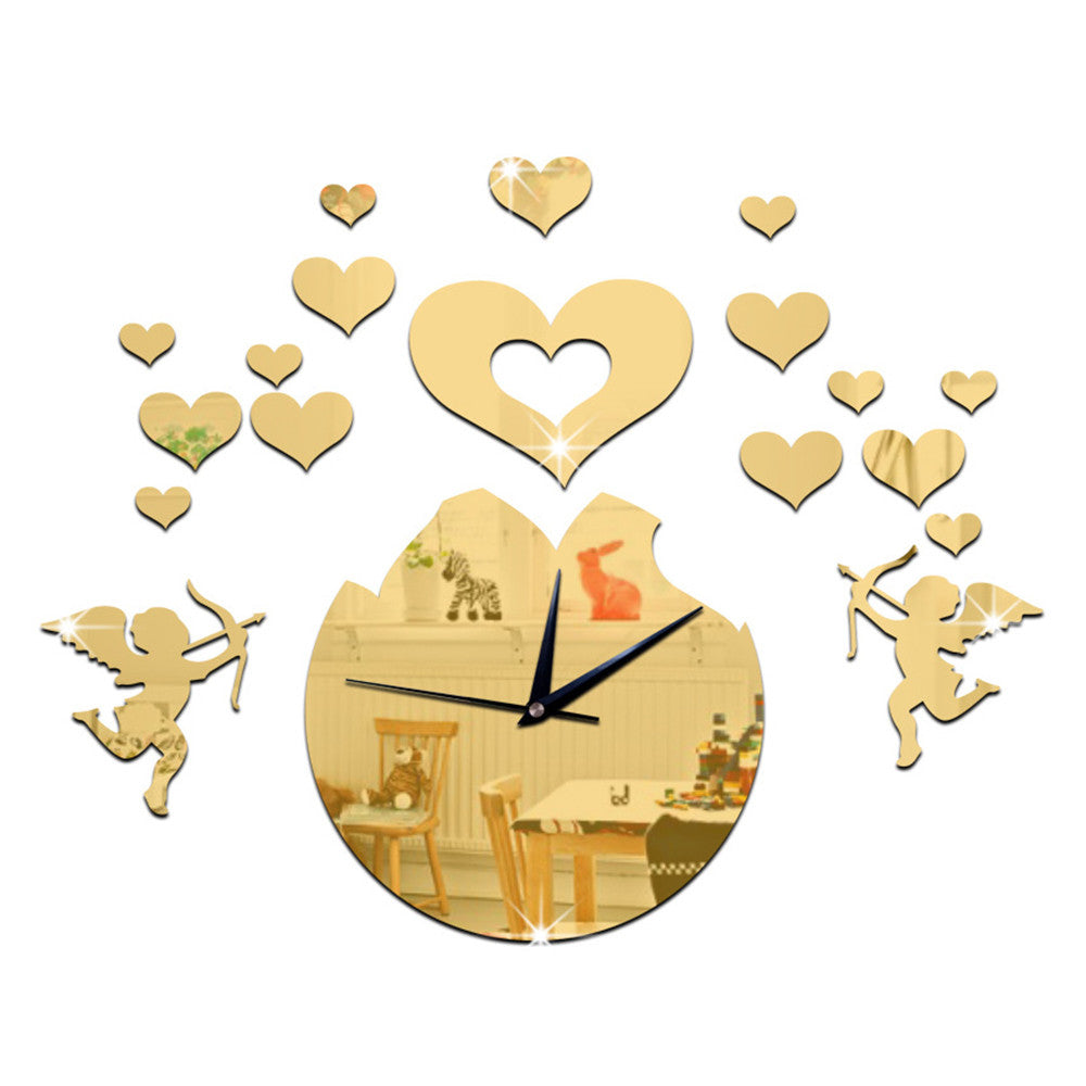 Love Heart Cupid Mirror Living Room 3D Decoration Wall Clock   golden - Mega Save Wholesale & Retail