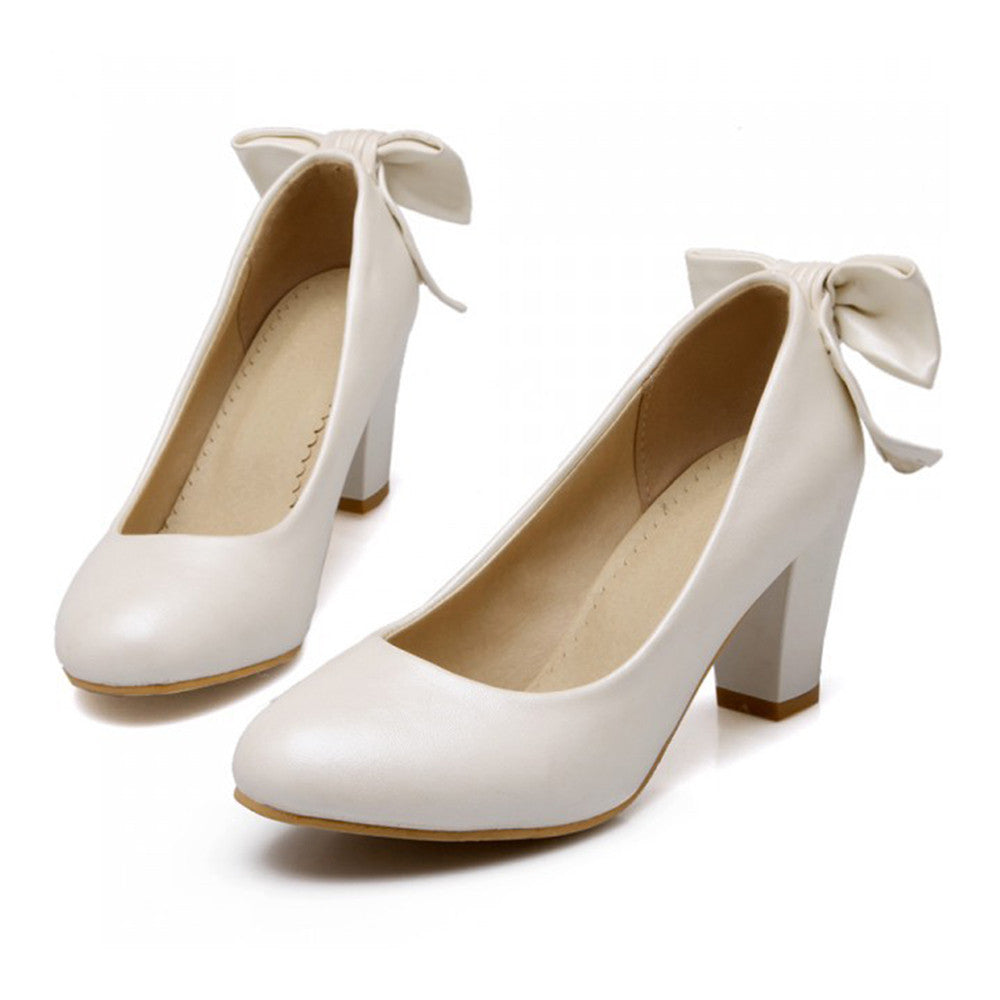High Heel Low-cut Bowknot Work Shoes Plus Size  white - Mega Save Wholesale & Retail