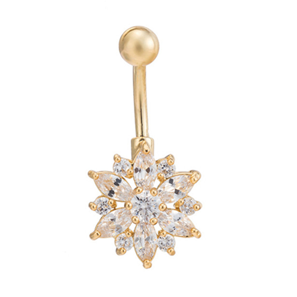 Puncture Ornament Chrysanthemum Zircon Navel Ring Buckle   gold plated white zircon - Mega Save Wholesale & Retail