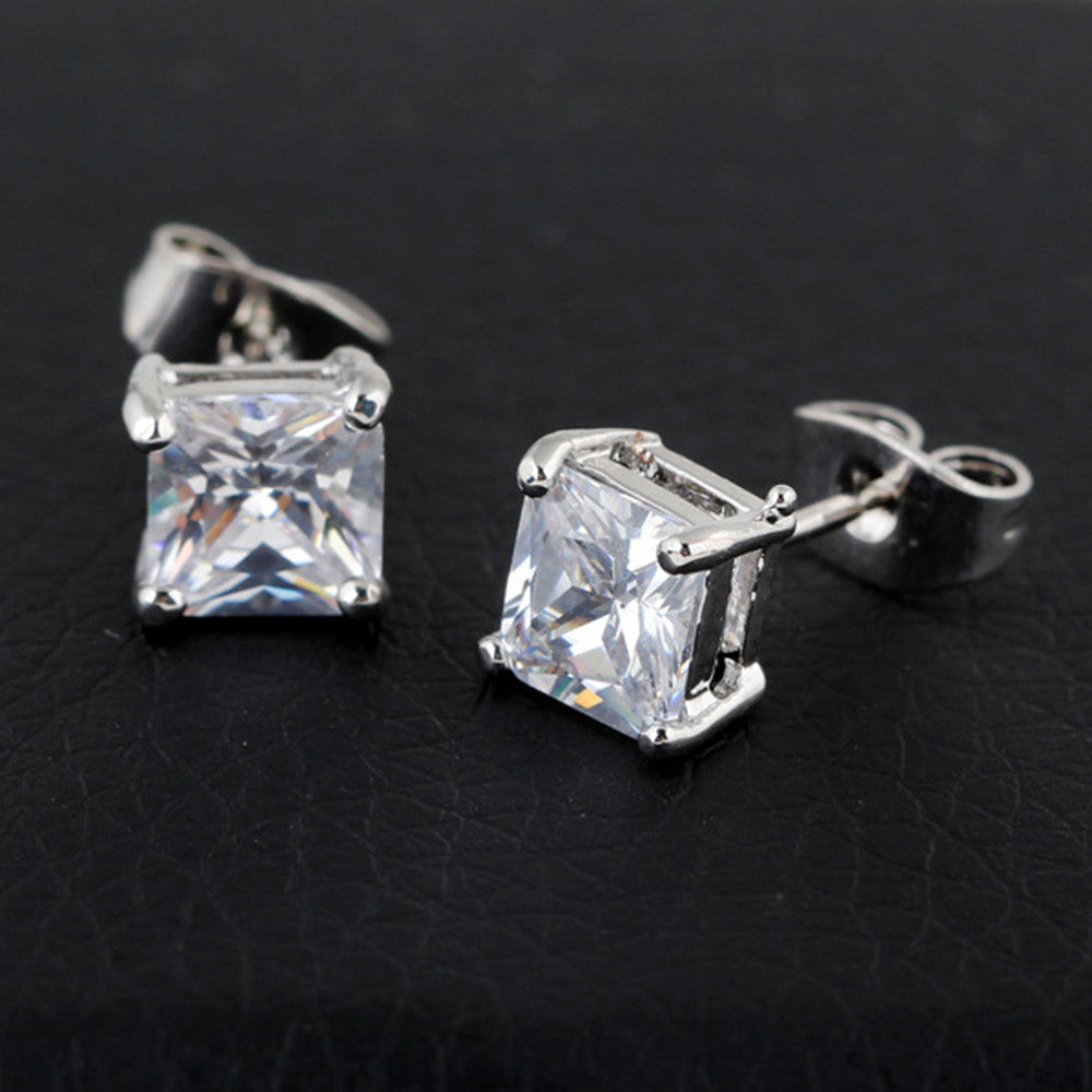 Square Zircon Earings Couples Design   platinum plated white zircon - Mega Save Wholesale & Retail - 1