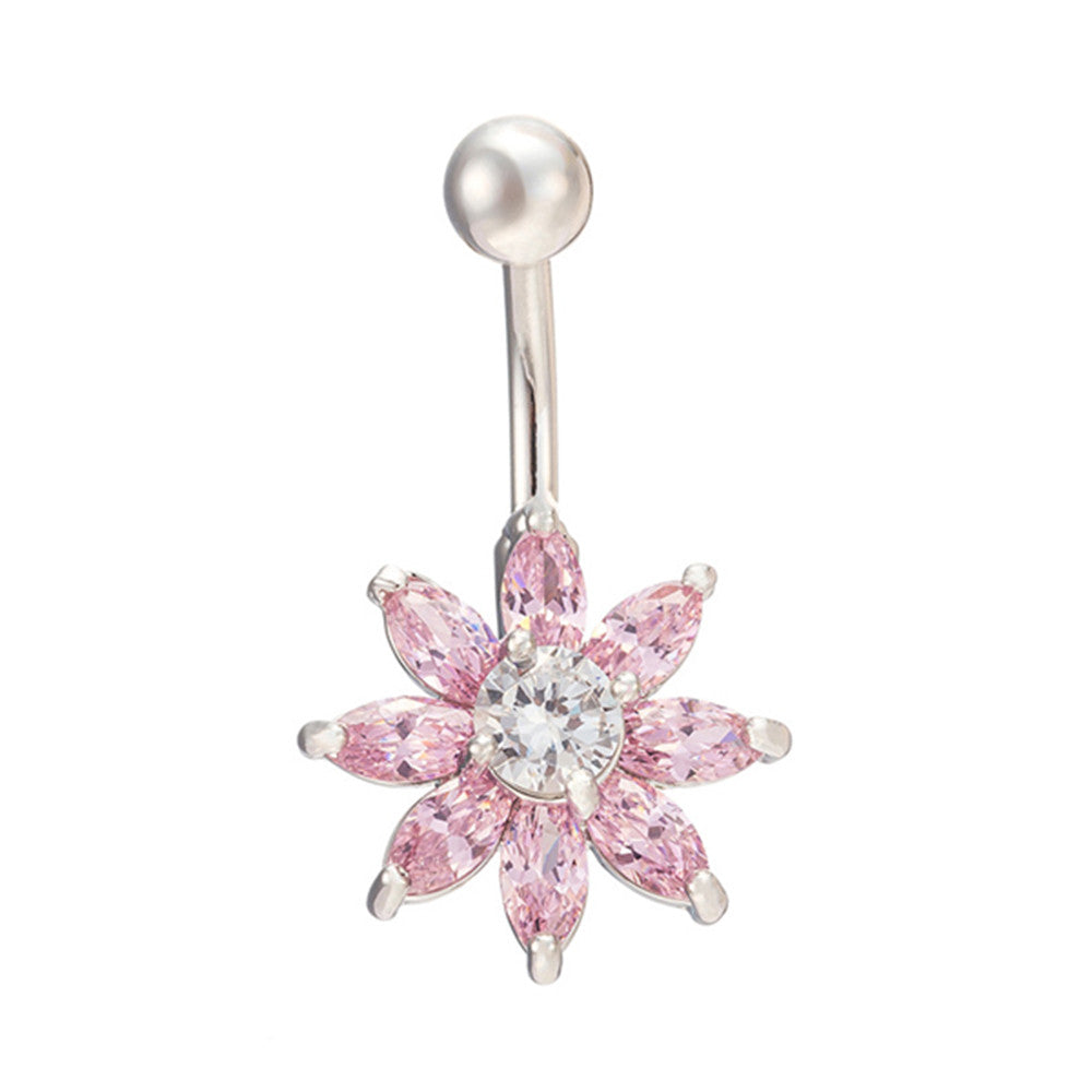 Puncture Ornament Flower Zircon Navel Ring Buckle   platinum plated pink zircon - Mega Save Wholesale & Retail