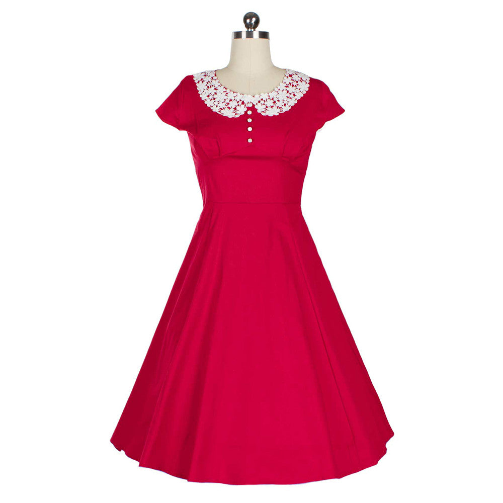 Woman Summer Lace Big Peplum Solid Color Sexy Bubble Dress  red   S - Mega Save Wholesale & Retail - 1