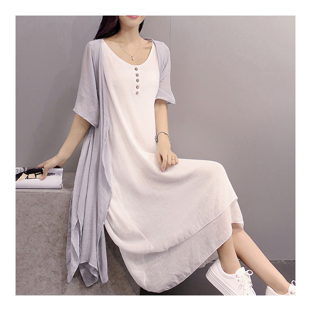 Plus Size Vintage Vest Long Dress 2pcs Suit   grey   S - Mega Save Wholesale & Retail