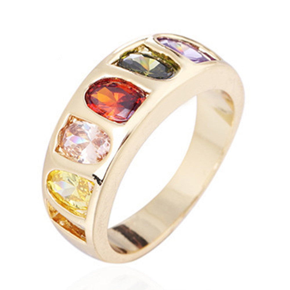Colorful Zircon Ring Galvanized Gold Boutique   yellow gold plated 6.5#