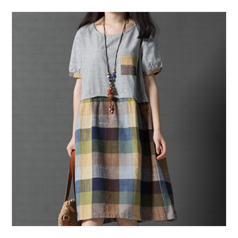 Summer Loose Plus Size Checks Middle Long Dress    green    M - Mega Save Wholesale & Retail - 1