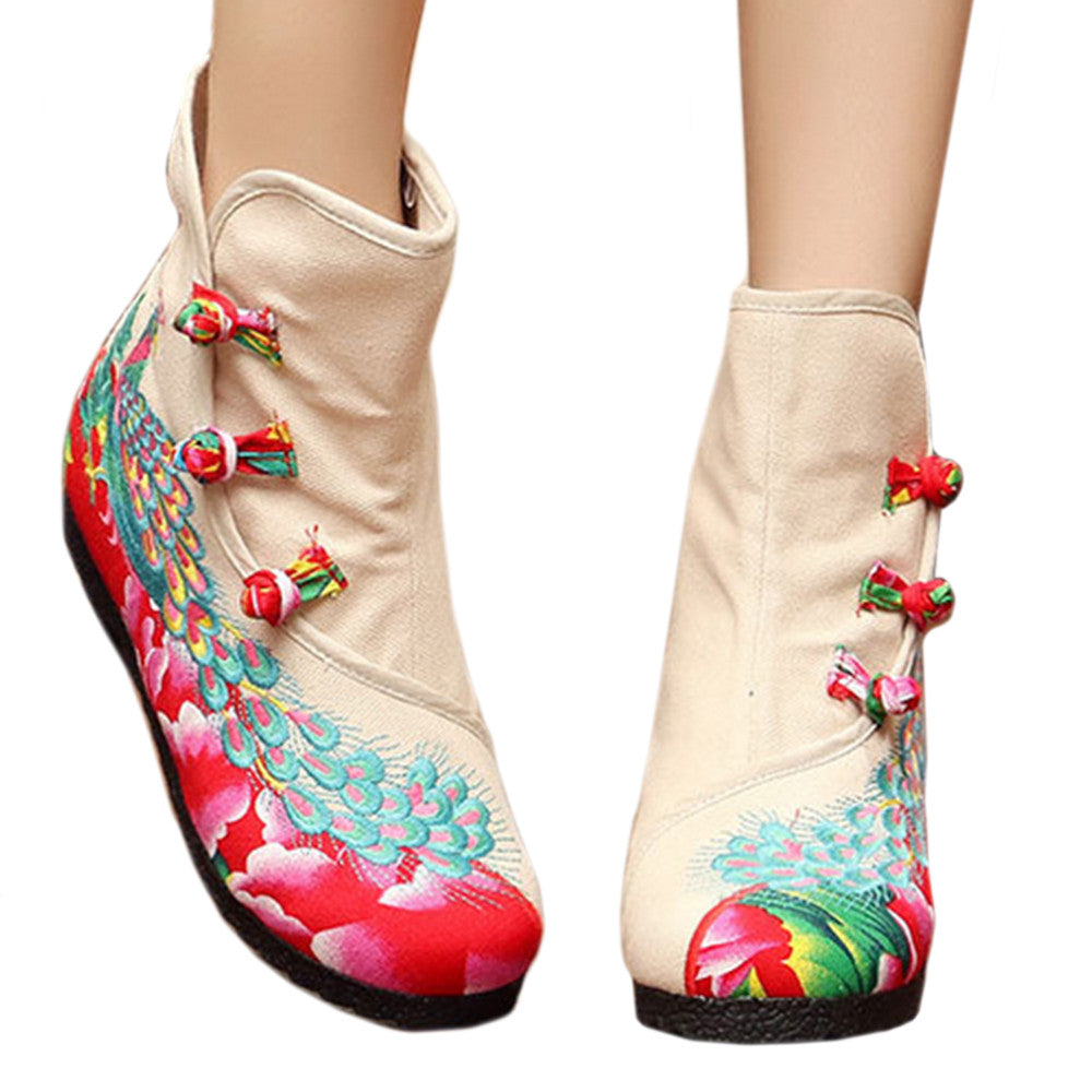 Vintage Beijing Cloth Shoes Embroidered Boots beige thin shoes - Mega Save Wholesale & Retail - 1