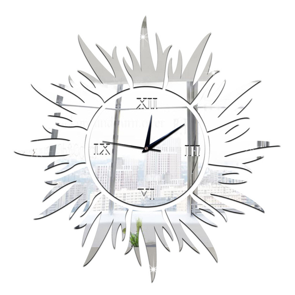 Sun Decoration Wall Clock Mirror Quartz Living Room   silver - Mega Save Wholesale & Retail