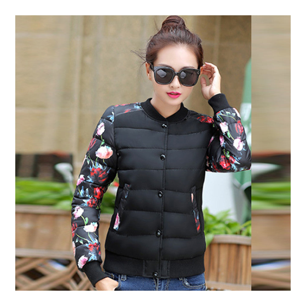 Printing Down Coat Warm Slim Woman Short   black small flower   L - Mega Save Wholesale & Retail - 1