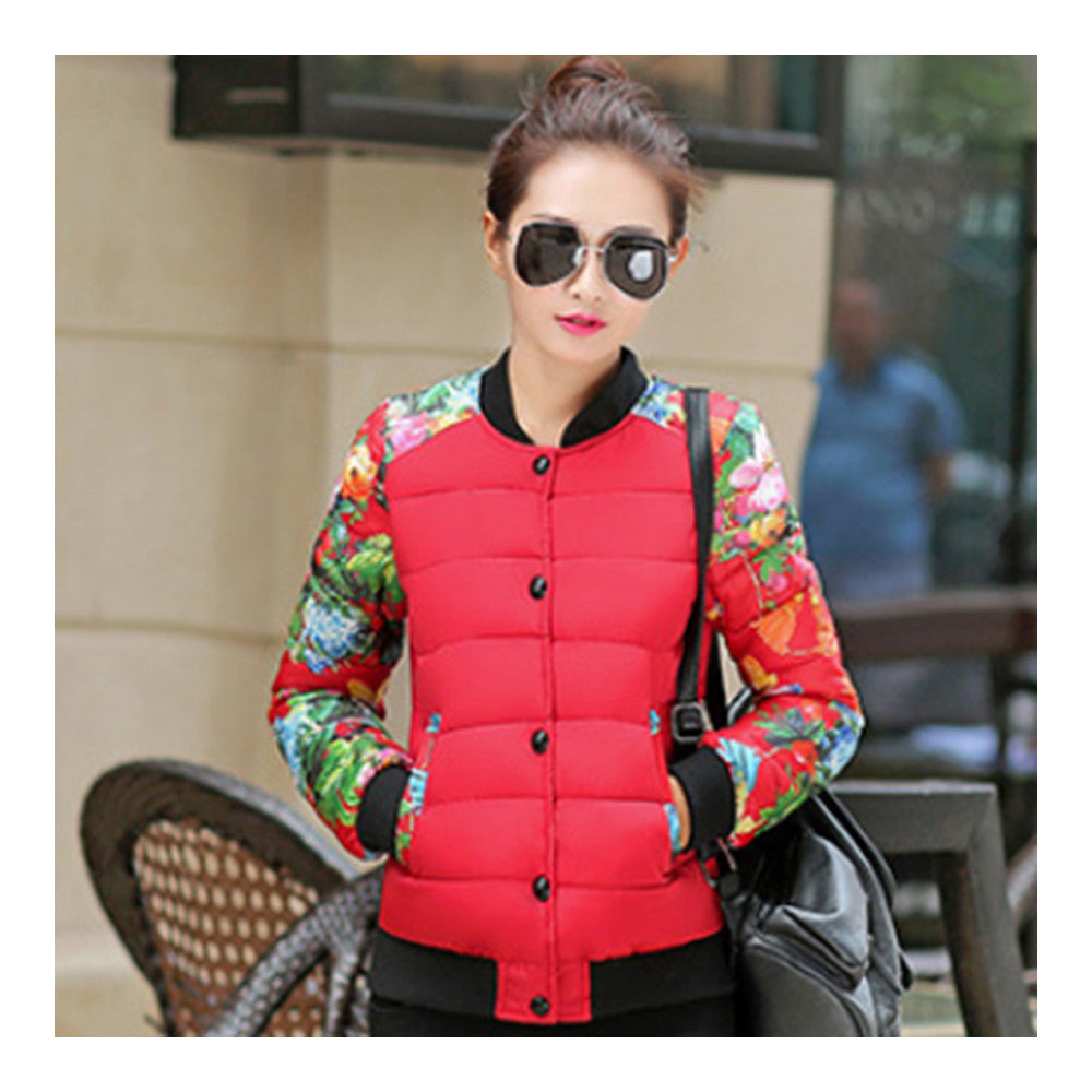 Printing Down Coat Warm Slim Woman Short   red big flower   L - Mega Save Wholesale & Retail - 1