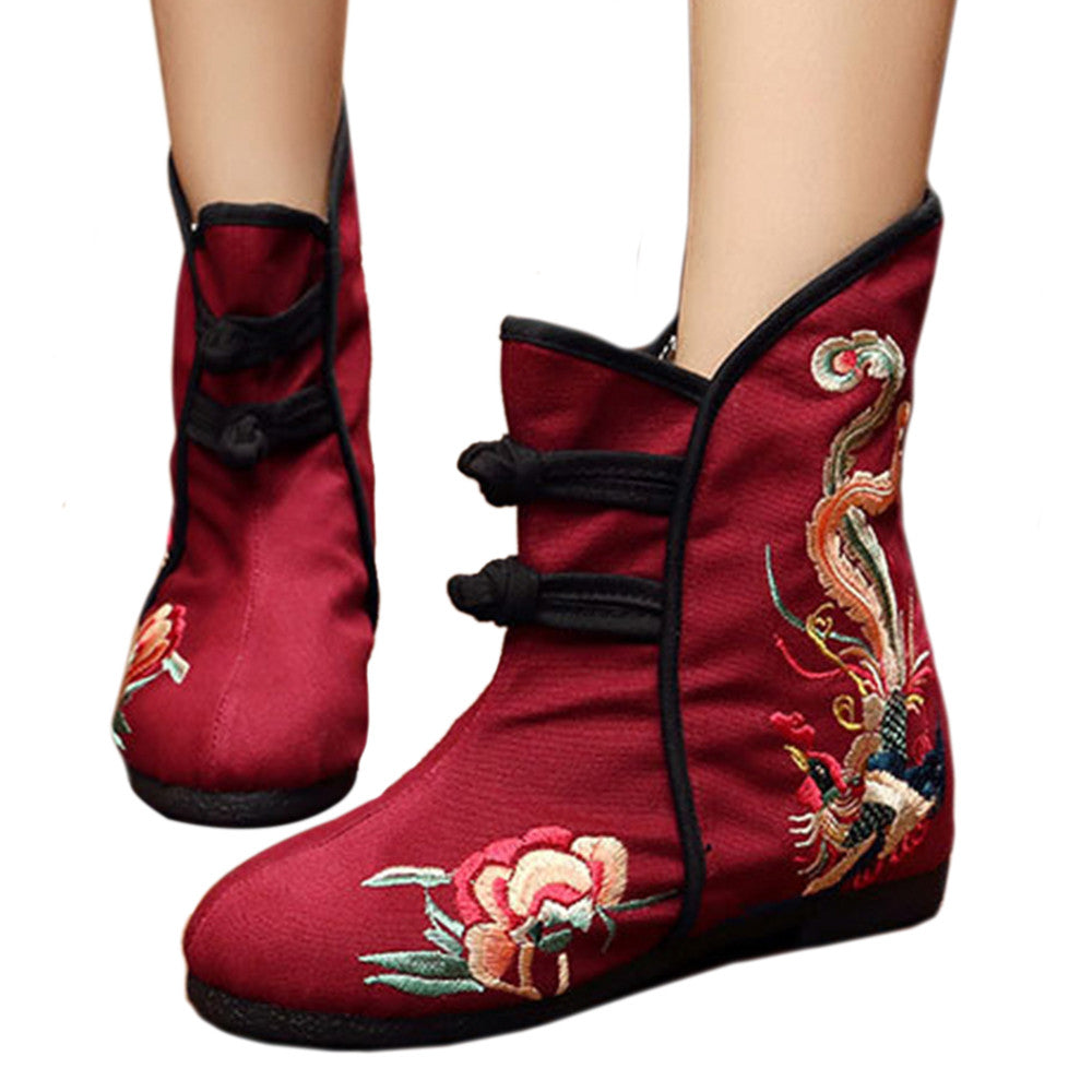 Peacock Vintage Beijing Cloth Shoes Embroidered Boots claret - Mega Save Wholesale & Retail - 1
