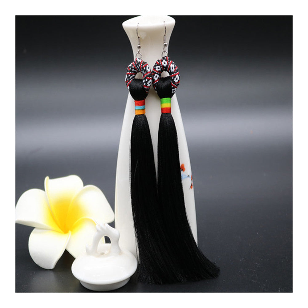 Vintage Bridal Wedding Long Tassel Ice Silk Earrings National Style Dancing   black - Mega Save Wholesale & Retail