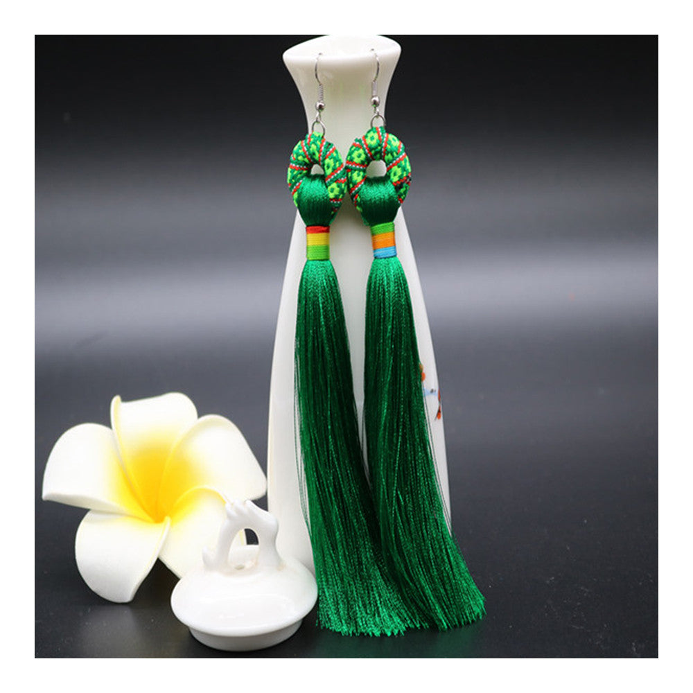 Vintage Bridal Wedding Long Tassel Ice Silk Earrings National Style Dancing  green - Mega Save Wholesale & Retail