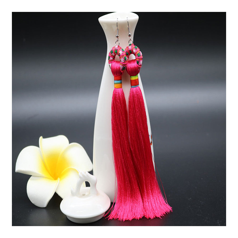 Vintage Bridal Wedding Long Tassel Ice Silk Earrings National Style Dancing   rose red - Mega Save Wholesale & Retail