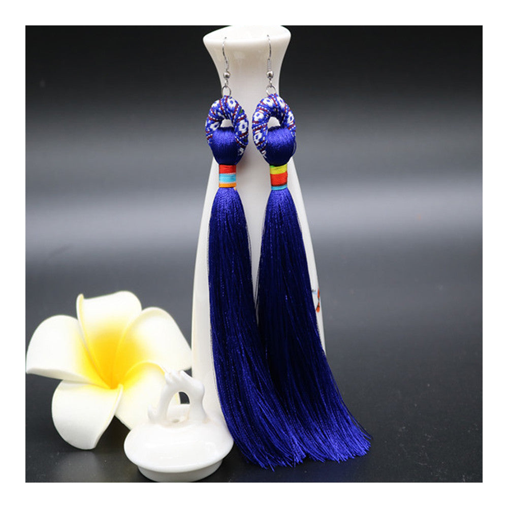 Vintage Bridal Wedding Long Tassel Ice Silk Earrings National Style Dancing   dark blue - Mega Save Wholesale & Retail