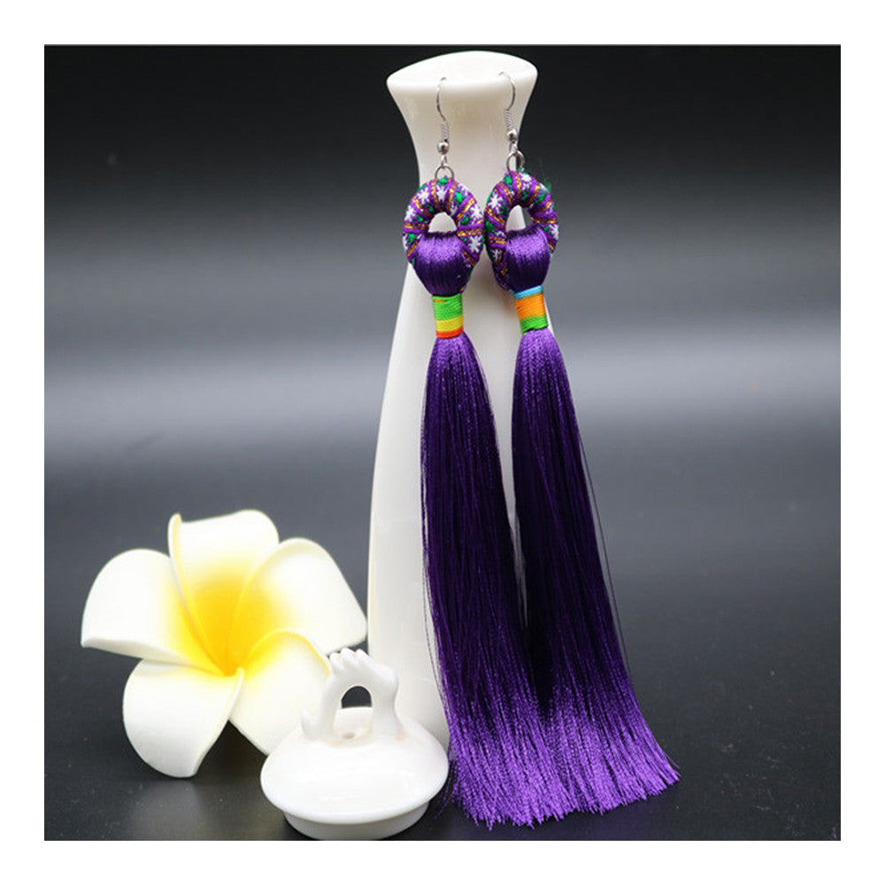 Vintage Bridal Wedding Long Tassel Ice Silk Earrings National Style Dancing   purple - Mega Save Wholesale & Retail
