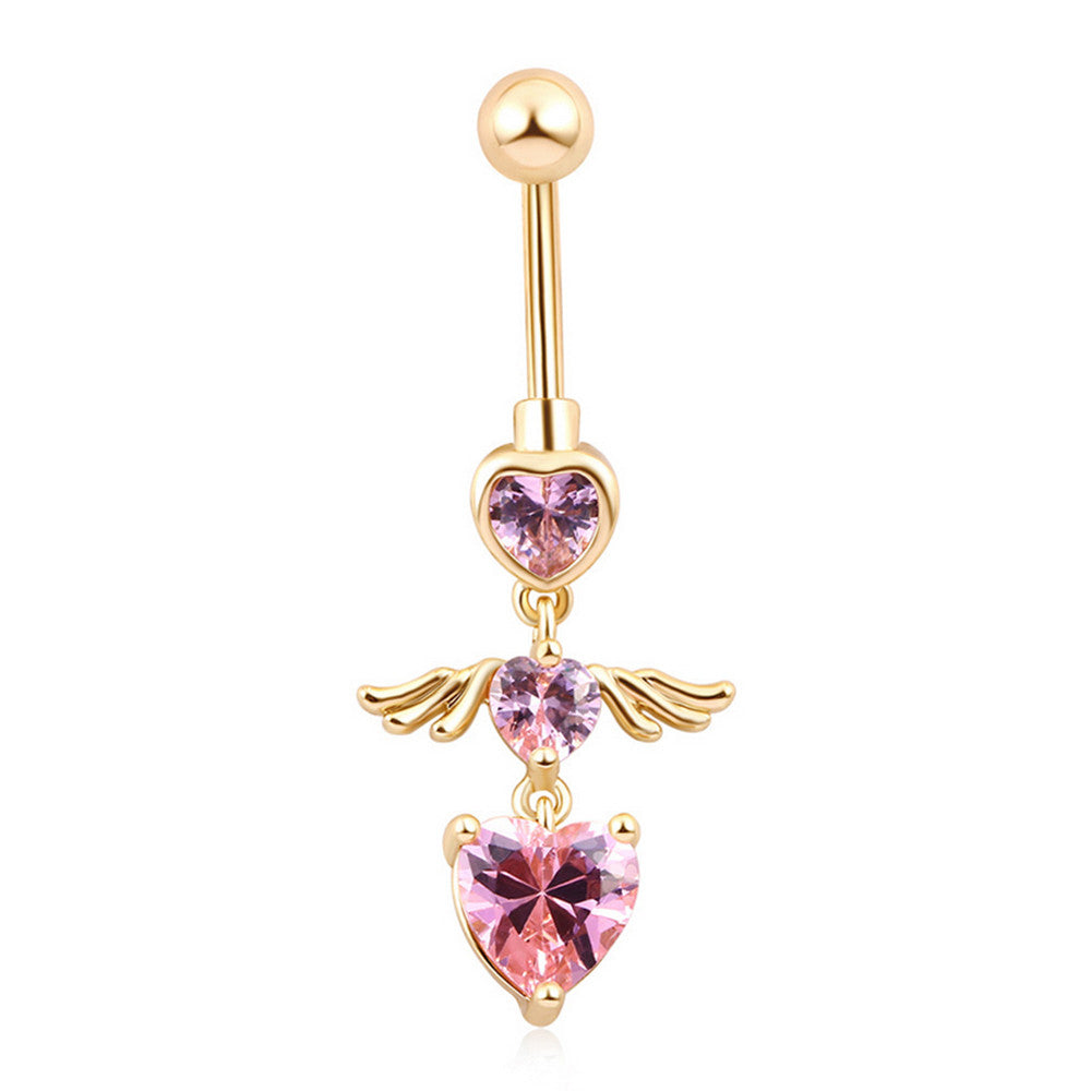 Heart Shape Little Angle Wings Navel Ring Nail    gold plated pink zircon - Mega Save Wholesale & Retail - 1