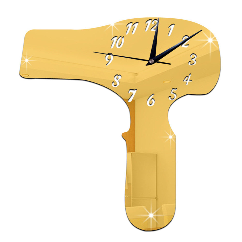 Living Room Decoration DIY Creative Hair Drier Pattern Mirror Wall Clock    golden - Mega Save Wholesale & Retail