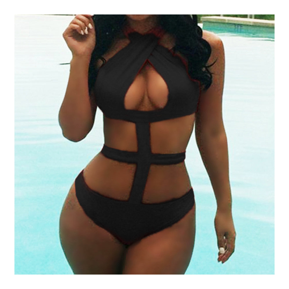 Solid Color Halter Monokini One-piece Swimwear Swimsuit  black  S - Mega Save Wholesale & Retail