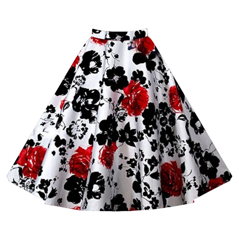 Hepburn Style Vintage Bubble Skirt A-line Pleated Skirt   white red   S - Mega Save Wholesale & Retail - 1