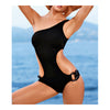 One-shoulder Pure Color Siamesed Swimwear Swimsuit Chains   black  S - Mega Save Wholesale & Retail - 1