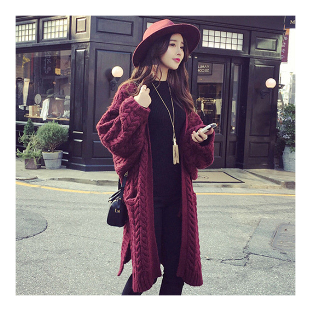 Puff Sleeve Cardigan Loose Knitwear Sweater Coat   wine red - Mega Save Wholesale & Retail - 1