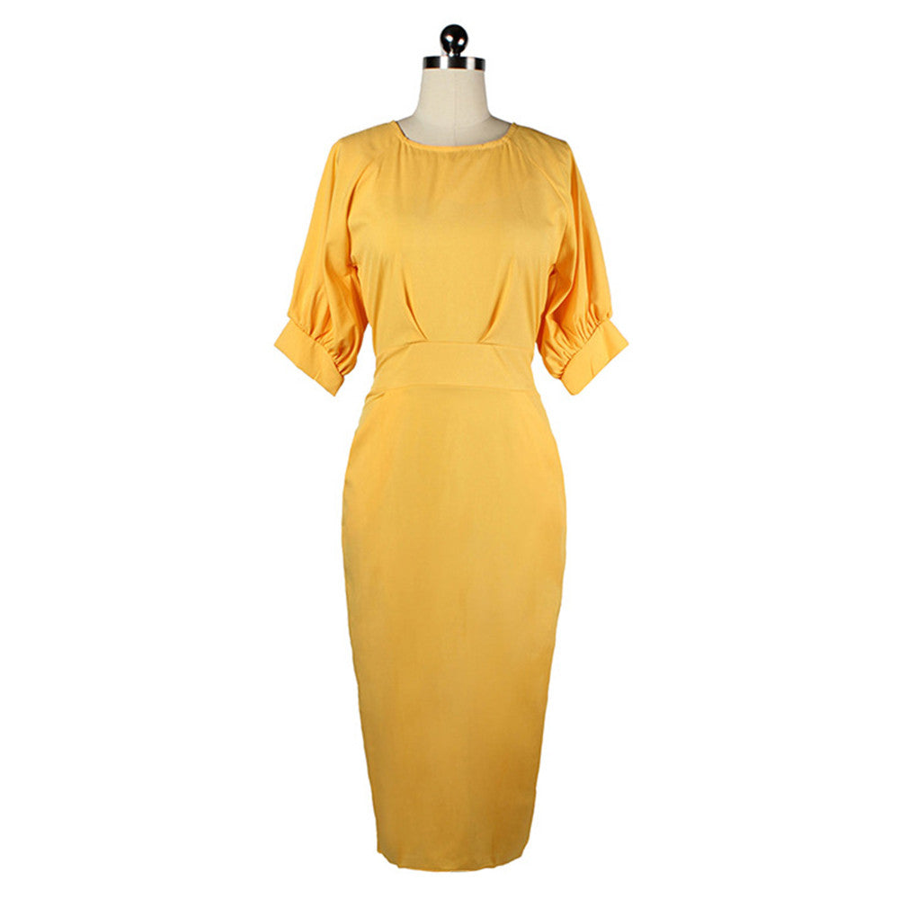 Sexy Puff Sleeve Solid Color Slim Dress   S - Mega Save Wholesale & Retail - 1