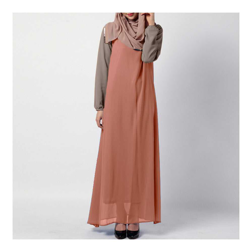 Summer Dress Muslim Splicing Bowknot Chiffon Dress   pink+khaki