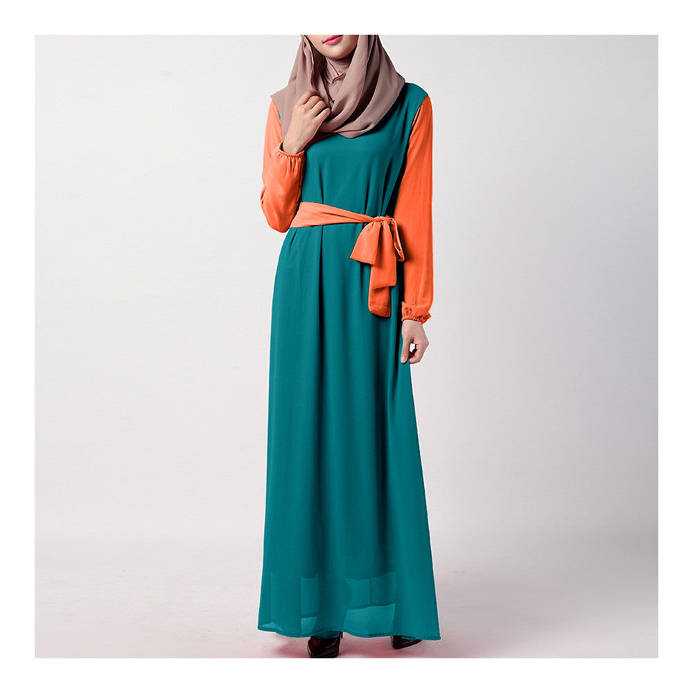 Summer Dress Muslim Splicing Bowknot Chiffon Dress    blue+orange