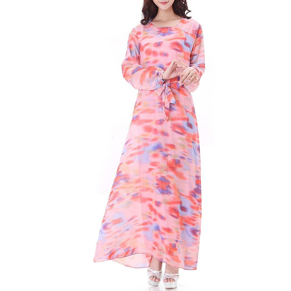 Muslim Robe Long Dress Long Sleeve Slim Chiffon   pink - Mega Save Wholesale & Retail - 1