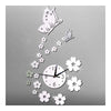 Mirror Wall Clock Living Room 3D Butterfly Flower   silver mirror - Mega Save Wholesale & Retail