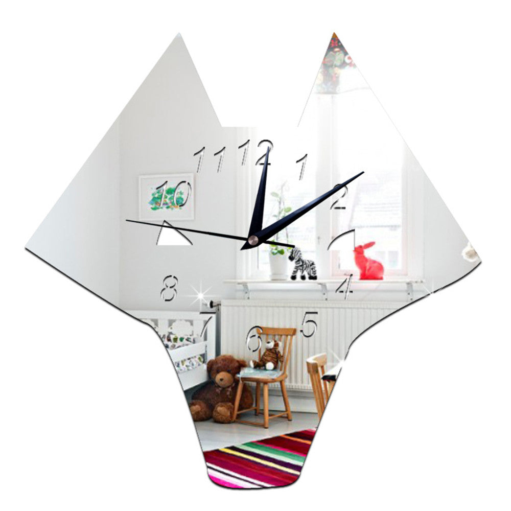 3D Silent Decoration Cute Animal Pattern Mirror Wall Clock   silver - Mega Save Wholesale & Retail