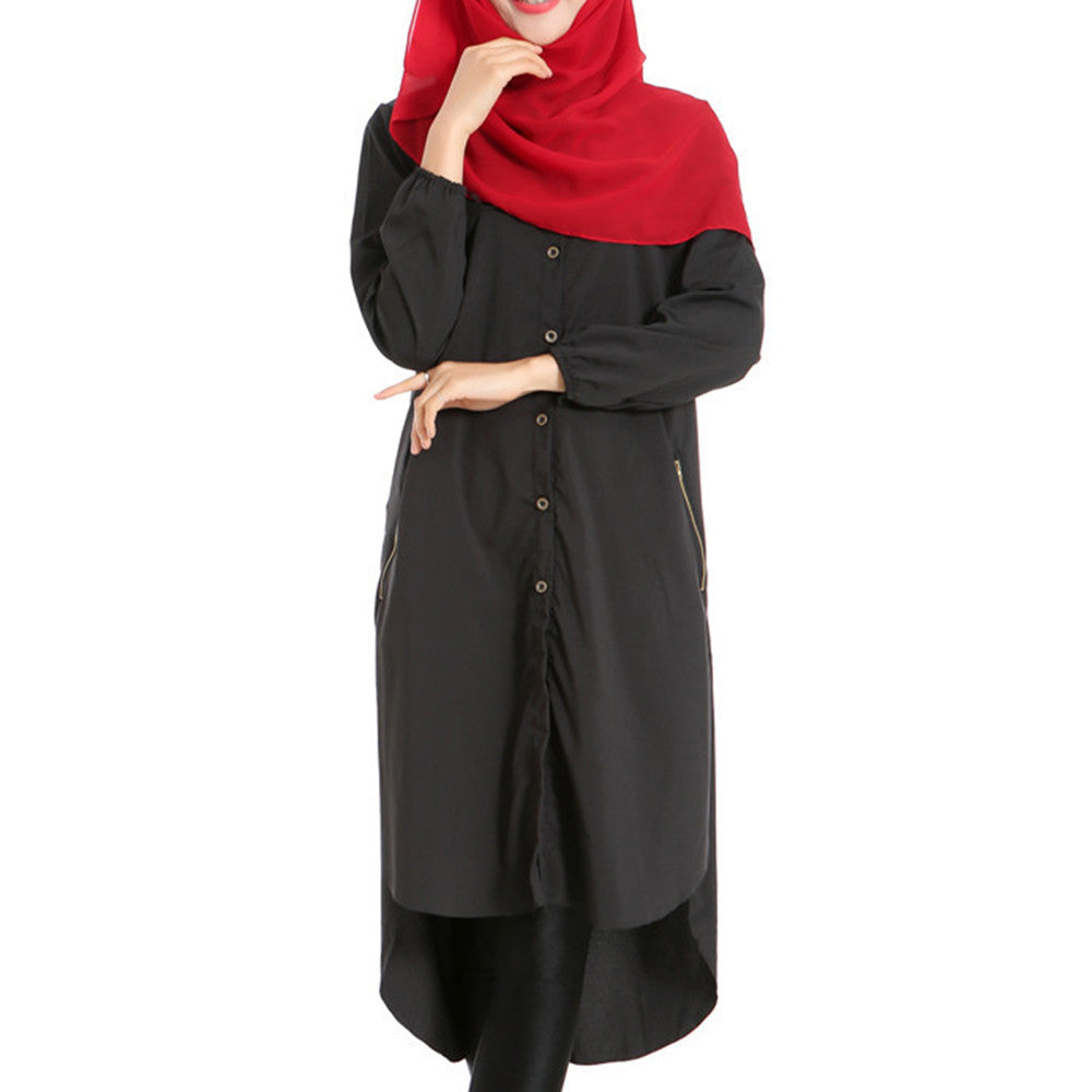 Muslim Long Shirt Solid Color Women Garments   black - Mega Save Wholesale & Retail - 1