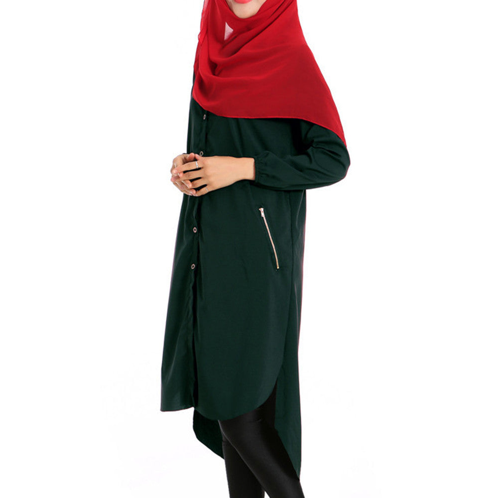 Muslim Long Shirt Solid Color Women Garments   dark green - Mega Save Wholesale & Retail - 1