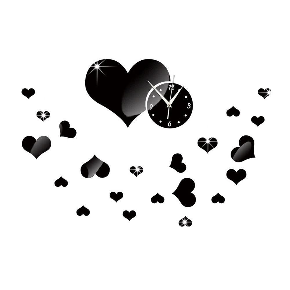 Mirror Wall Clock Love Heart DIY Creative Cartoon Decoration   black - Mega Save Wholesale & Retail