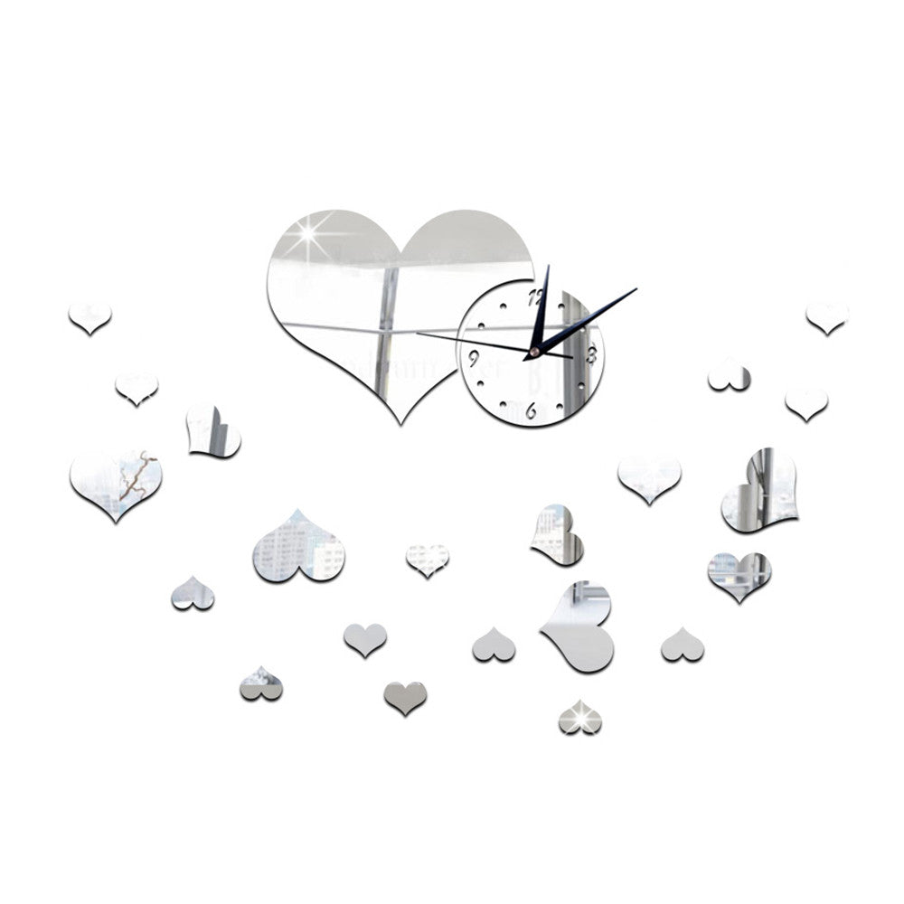 Mirror Wall Clock Love Heart DIY Creative Cartoon Decoration   silver - Mega Save Wholesale & Retail