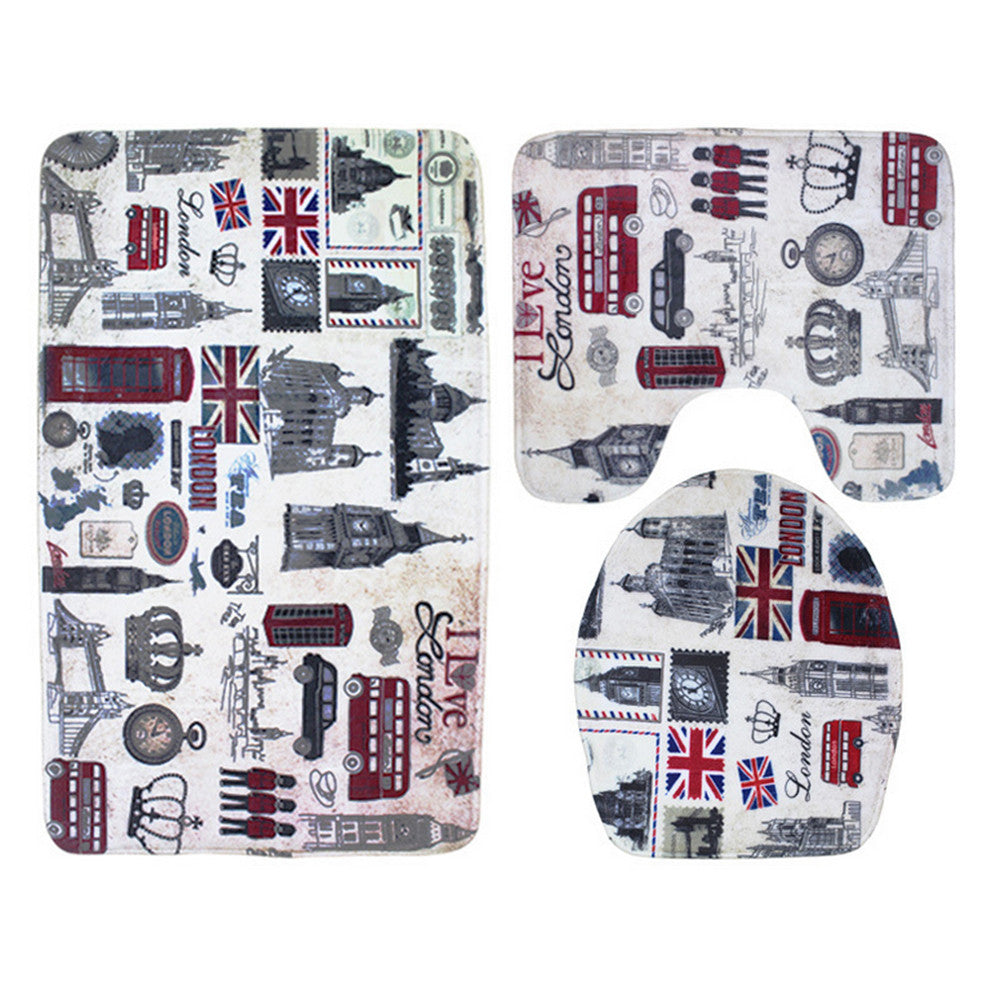Flannel Toilet Seat 3pcs Set Carpet Ground Mat European city scenery - Mega Save Wholesale & Retail - 1