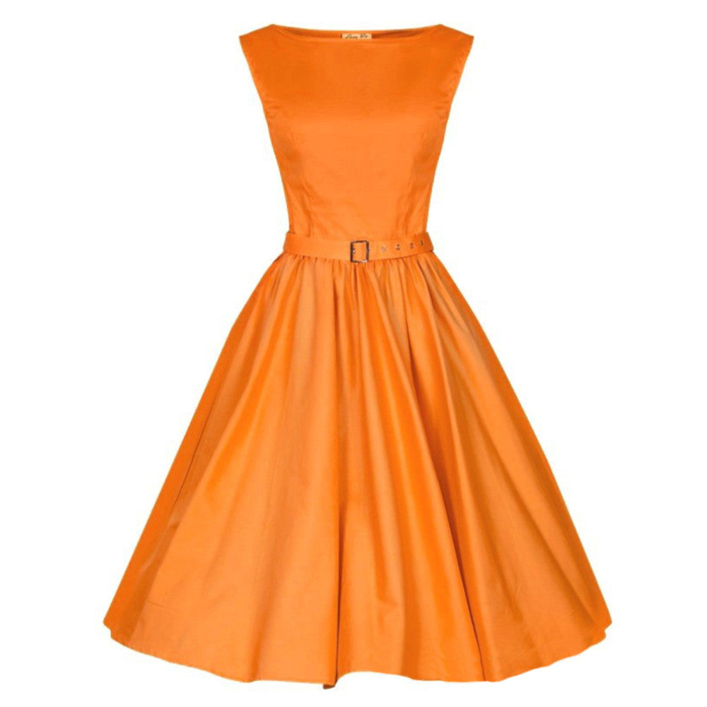 Woman Vintage Solid Color Big Peplum Boat Neck Dress  orange   S - Mega Save Wholesale & Retail - 1