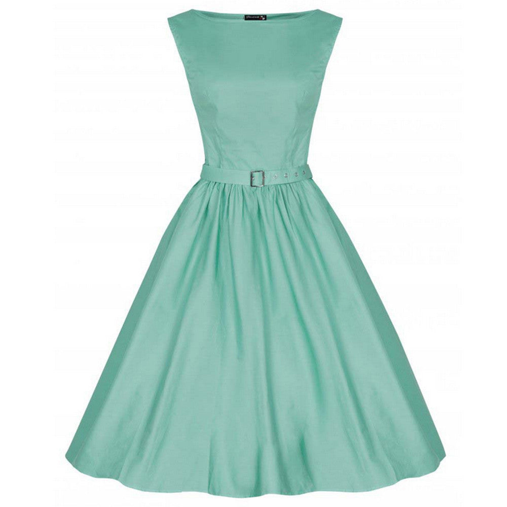 Woman Vintage Solid Color Big Peplum Boat Neck Dress   green   S - Mega Save Wholesale & Retail - 1