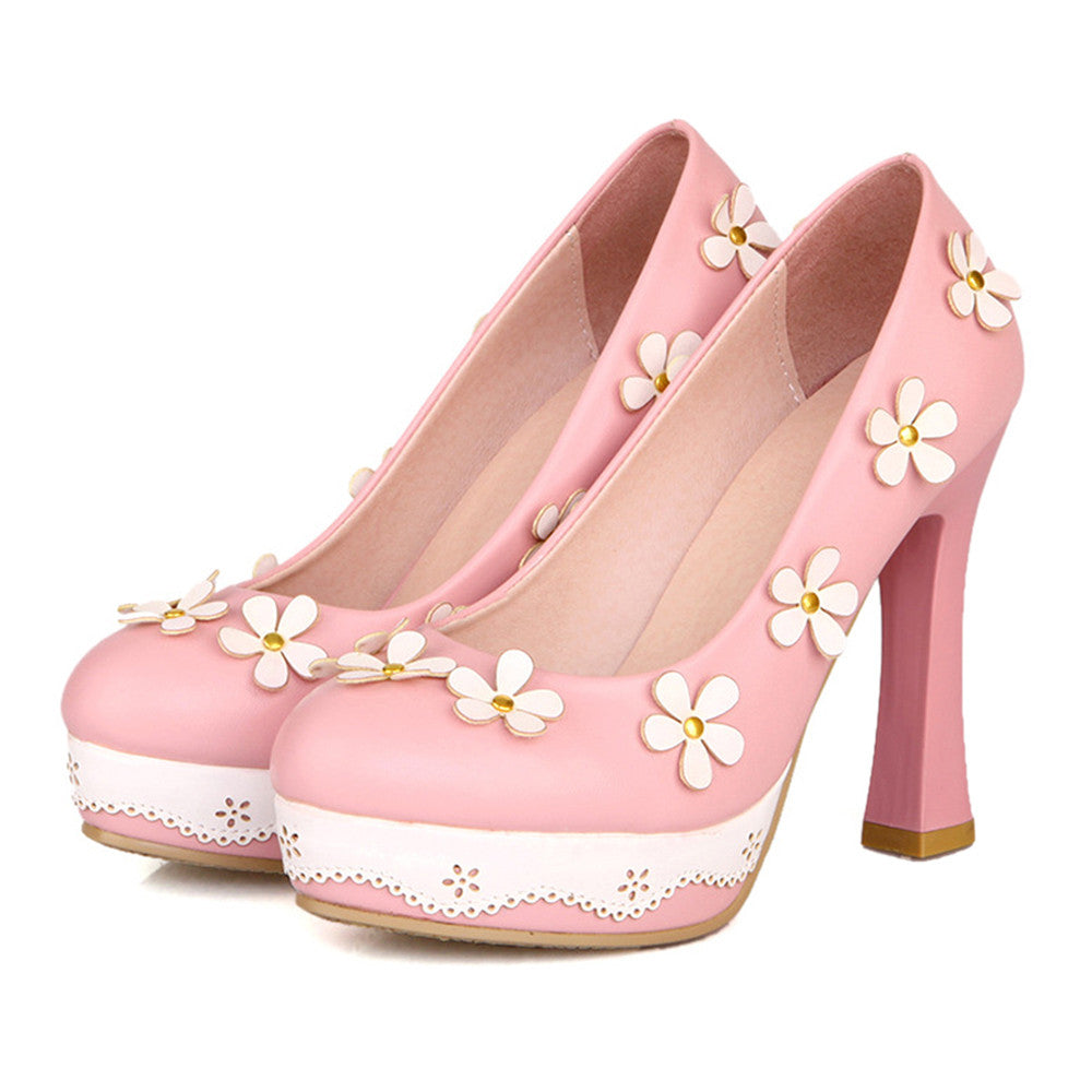 Thick High Heel Platform Flower Splicing Low-cut Round Thin Shoes   pink - Mega Save Wholesale & Retail