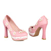 Thick High Heel Platform Flower Splicing Low-cut Round Thin Shoes   pink - Mega Save Wholesale & Retail - 2