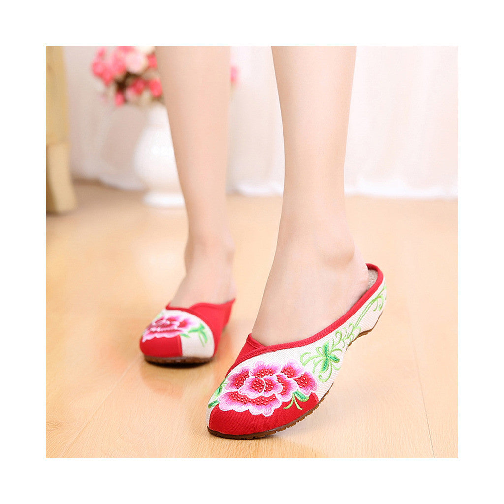 Summer Old Beijing Cloth Shoes Embroidered Shoes Slipsole Middle Heel Woman National Slippers red - Mega Save Wholesale & Retail - 1