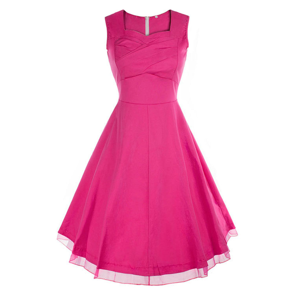 Vintage Hepburn Style Sleeveless Square Dress   rose red   S - Mega Save Wholesale & Retail - 1